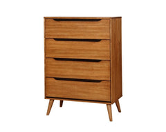 1pc Chest Modern Mid-Century Style Recessed Drawers Handle Tapered Round Legs Four Drawers Oak Finish