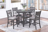 Gray Color 5pc Counter Height Dining Set Round Table w Shelves 4x High Chairs Modern Contemporary Dining Room Furniture