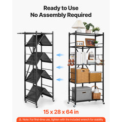 Folding Storage Shelf with Wheels 5-Tier Metal Shelving Unit Black