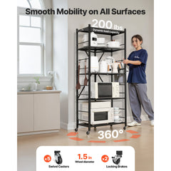Folding Storage Shelf with Wheels 5-Tier Metal Shelving Unit Black