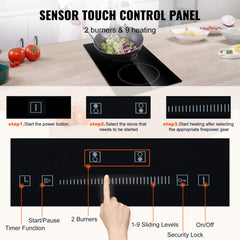 Built in Electric Stove Top, 20 x 11.6 inch 2 Burners, 110V Glass Radiant Cooktop with Sensor Touch Control, Timer & Child Lock Included, 9 Power Levels for Simmer Steam Slow Cook Fry