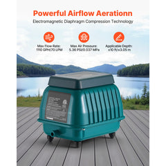 Linear Air Pump, 1110 GPH Air Flow, Septic Aerator Pump, Aeration System for 10 ft Deep Ponds, Fit for Septic Tanks, Aquariums, Waste Treatment, Seafood Restaurants, Fish Farms, Hydroponics