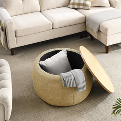 Round Storage Ottoman, 2 in 1 Function, Work as End table and Ottoman, Natural (25.5"x25.5"x14.5")