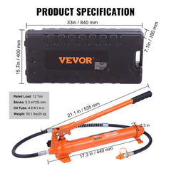 12 Ton Porta Power Kit, Hydraulic Ram with Pump with 4.6 ft/1.4 m Oil Hose, Portable Hydraulic Jack with Storage Case for Automotive, Garage, Farm, Mechanic (26455 LBS)