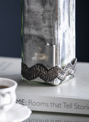 D3x12" Antique Silver Decorative Glass Bottle Vase with Bronze Leaf Accents