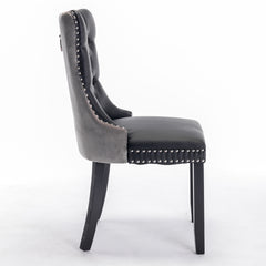 A&A Furniture,Nikki Collection Modern, High-end Tufted Solid Wood Contemporary PU and Velvet Upholstered Dining Chair with Wood Legs Nailhead Trim 2-Pcs Set,Black+Gray, SW2101BG