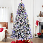 7.5ft Flocked Christmas Tree with 400L Colorful LED Lights with G45 ball, Realistic PE+PVC+Hard Needle Hinged Tree with Memory Wire, 10 Lighting Modes, Foot Switch & Stable Metal Stand