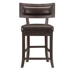 Rustic Aesthetic Dark Cherry Finish Counter Height Chair Set of 2 Wood Framed Nailhead Trim Faux Leather Upholstered Seat Kitchen Dining Room Furniture