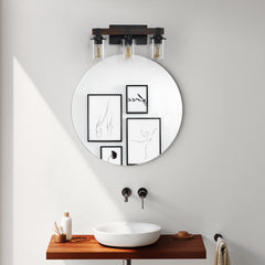 19" Rustic 3-Light Vanity Light, Industrial Bathroom Wall Sconce with Glass Shades and Wood Accent, Modern Farmhouse Lighting Fixture (No Bulbs)