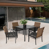 5-Piece Wicker Outdoor Table and Chairs, Patio Dining Set w/Square steel Tabletop and Umbrella Hole, Patio Table and Chairs Set for Backyard Deck Balcony Front Porch