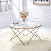 1pc Coffee Table Champagne Finish Frame Round Frosted Glass Top Mid-Century Modern Design Living Room Furniture