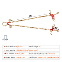 5/16" x 3' G80 Tow Chain V-Chain Bridle RTJ & Grab Hooks Wrecker 10800 lbs