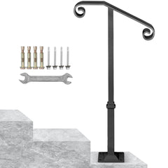 Handrails for Outdoor Steps, Fit 1 or 2 Steps Outdoor Stair Railing, Single Post Wrought Iron Handrail, Gray Transitional Porch Railings for Concrete Steps or Wooden Stairs with Base