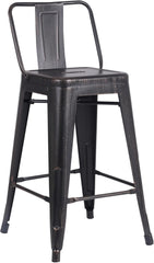 Modern Light Weight Industrial Contemporary Rustic Vintage Costal Metal Barstools with Bucket Back and 4 Leg Design, (Set of 2) (24" Seat, Distressed Black)