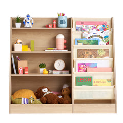 Wooden Kids Bookshelf 4-Tier, Toy Storage Organizer for Toddler, Book Shelf for Kids Rooms with 6-Layer Sling Book Rack, Baby Book Storage Shelves for Kids Room, Playroom, Kindergarten, Nursery