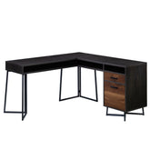 L-Shaped Desk with 2 Drawers and Cubbyholes, Dark Walnut finish