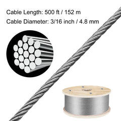 316 Stainless Steel Wire Rope 500ft Length, Steel Wire Cable 3/16 Inch, Steel Cable Railing Decking With 1x19 Strands Construction, 4700lbs Breaking Strength For Stair, Handrail, Clothesline