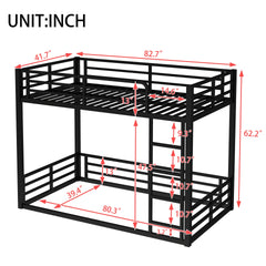 Metal Bunk Bed, Twin XL over Twin XL Floor Bunk Bed Frame, Heavy-Duty Bunk Bed for Kids, Teens, Adults, Noise-reduced Design, Black