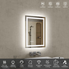 20"*28"LED Bathroom Mirror,Front-Lit and Back-Lit, Stepless Dimmable, 3 Colors CRI90+, Brightness Memory, Shatter-Proof,Anti-fog LED Vanity Mirror, IP44 Waterproof