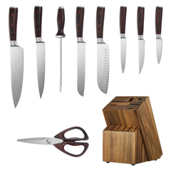 Kitchen Knife Set with Block and Sharpener, 15 Piece High Carbon Stainless Steel Knife Set, Rust-Resistant Kitchen Cutlery with Ergonomic Handle, Sharpening Rod & Premium Wooden Block, for Home