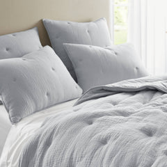 3-Piece King Cotton Gauze Embroidered Quilt Set,Blue
