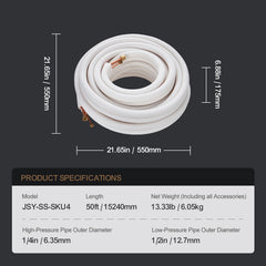 50FT Mini Split Line Set, 1/4" & 1/2" O.D Copper Pipes Tubing and Triple-Layer Insulation, for Mini Split Air Conditioning Refrigerant or Heating Pump Equipment & HVAC with Wrapping Strips.
