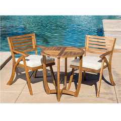 Outdoor Hermosa 3 Pieces KD Wood Dining Set With Cushions,Teak Finish