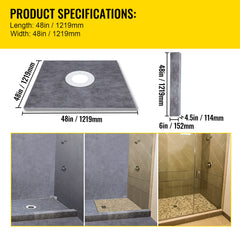 Shower Curb Kit, 48"x48" Watertight Shower Curb Overlay with 4" PVC Central Bonding Flange, 4" Stainless Steel Grate, 2 Cuttable Shower Curb and Trowel, Shower Pan Slope Sticks Fit for Bathroom