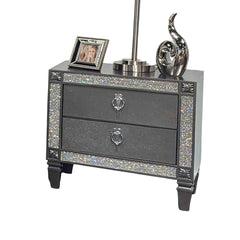 Glam Style 1pc Nightstand Nickel Ring Pulls Tapered Legs Acrylic Trim Gray Finish Bedroom Furniture