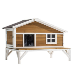 Insulated Cat House, All-Around Foam Insulation Elevated Cat Shelter, Wooden Feral Kitty Shelter with Large Platform, Waterproof Cats Condos for Indoor & Outdoor Cats in Winter 43.5x33.5x31 in
