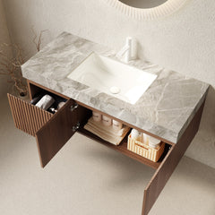 MURI 48" Bathroom Vanity&Sink, Floating Plywood Storage Cabinet with Drawer&Doors, Light Gray Sintered Stone Top&Ceramic Basin with 1 Pre-drilled Faucet Hole, Pre-assembled, Brown Oak Woodgrain Color