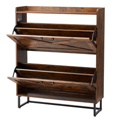 Shoe Cabinet with 2 Flip Drawers, Farmhouse Shoes Storage Cabinet with Metal Legs and Anti-Tipping Device, Freestanding Shoe Organizer Ideal for Entryway, Hallway, Bedroom, Living Room, Brown