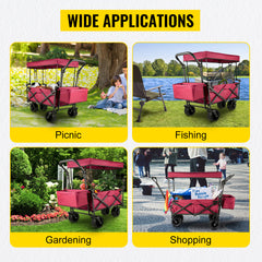 Extra Large Collapsible Garden Cart with Removable Canopy, Folding Wagon Utility Carts with Wheels and Rear Storage, Wagon Cart for Garden, Camping, Grocery Cart, Shopping Cart, Red