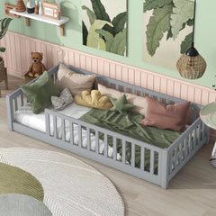 Twin Size Floor Bed with Fence without Door, Rubber Wood Floor Bed with Safety Guardrails,Grey