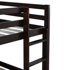 Solid Wooden , Solid Rubber Wooden Twin over Twin Floor Bunk Bed with Ladder ,Upper and Bottom Bed Platforms crafted with Strengthened Slats,Espresso