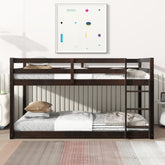 Solid Wooden , Solid Rubber Wooden Twin over Twin Floor Bunk Bed with Ladder ,Upper and Bottom Bed Platforms crafted with Strengthened Slats,Espresso