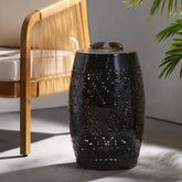 RUBY Side Table, Lace Cut Metal End Table for Outdoor & Indoor Use, Barrel Shape Accent Table with No Assembly Needed for Garden, Patio, Living Room, Backyard Decor,Black Color