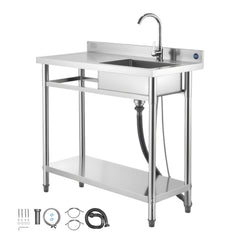 Stainless Steel Utility Sink, Free Standing Single Bowl Commercial Kitchen Sink with Faucet, 39.4 x 19.7 x 37 in, Utility Left Basin with Hot & Cold Water Pipe for Garage, Restaurant, Laundry