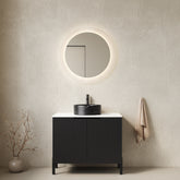 TURIO 30" Bathroom Vanity with Sink, Freestanding Bathroom Storage Cabinet with 2 Doors, Black Round Ceramic Basin with Stone Pattern & Carrara White Sintered Stone Countertop, No Faucet, Black Color