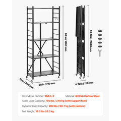 5-Tier Foldable Storage Shelf with Wheels 28 x 13 x 66-inch Metal Shelving