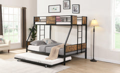 Twin Over FULL Metal Bunk Bed with Trundle 2 - Side Ladder and Full-Length Guardrail, No Box Spring Needed, Large Under Bed Storage, Easy Assemble , Black & Brown
