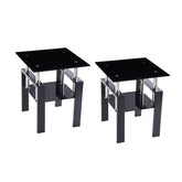 2-Piece Tempered Black Glass Sofa Table, Black Noghtstand with Metal Leg for Living Room