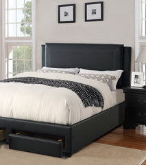 Black Luxurious Queen Size Bed w Storage Drawers FB Modern Faux Leather Upholstered Bedroom Furniture 1pc Bed Set