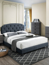 Queen Size 1pc Bed Nailhead Trim Button Tufted Burlap Fabric Charcoal Finish Bedroom Furniture