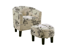 Vintage Design-Inspired White Accent Chair w Ottoman Fabric Upholstered Round Backrest Compact Chair