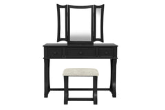 Unique Modern Bedroom Vanity Set w Stool Foldable Mirror Drawers Black Color MDF Veneer 1pc Vanity Set