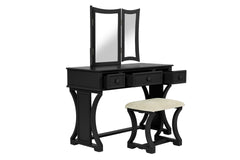 Unique Modern Bedroom Vanity Set w Stool Foldable Mirror Drawers Black Color MDF Veneer 1pc Vanity Set