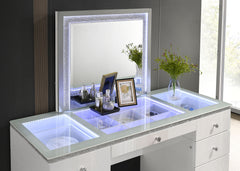 Contemporary Style 1pc Vanity Tempered Glass Top Ball Bearing Glides High Gloss Finish Stainless Steel Beveled Mirror White Finish Bedroom Furniture