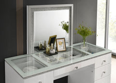 Contemporary Style 1pc Vanity Tempered Glass Top Ball Bearing Glides High Gloss Finish Stainless Steel Beveled Mirror White Finish Bedroom Furniture