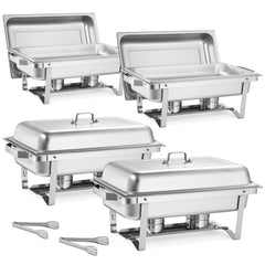 Rectangle Chafing Dish, 9 Qt 4 Pack Stainless Steel Chafing Dish, Food Warmer Chafer Complete Set with Hollow Handle, 2 Food Tongs, Lid, Fuel Holder, Chafer Dishes for Banquet Party Wedding